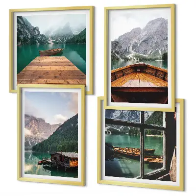 Políptico com moldura paisagens de montanha com barcos e chalés