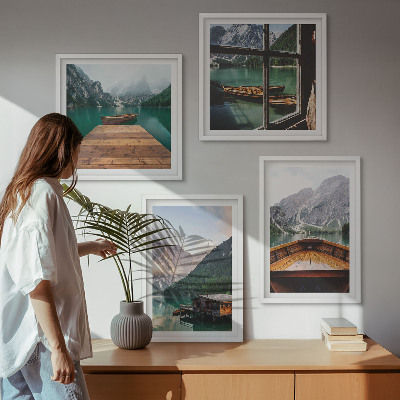 Políptico com moldura paisagens de montanha barcos de chalé