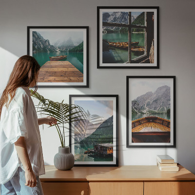Políptico com moldura paisagens de montanha barcos de chalé