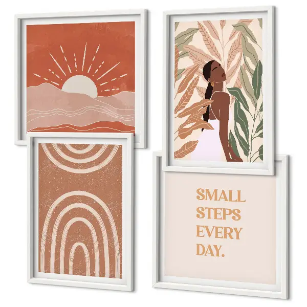 Conjunto de 4 quadros com moldura com estampas de formas abstratas estilo boho