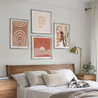 Conjunto de 4 quadros com moldura com estampas de formas abstratas estilo boho