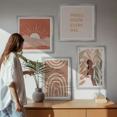 Conjunto de 4 quadros com moldura com estampas de formas abstratas estilo boho
