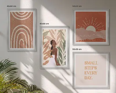 Conjunto de 4 quadros com moldura com estampas de formas abstratas estilo boho