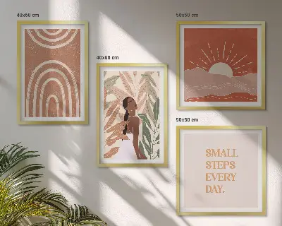 Conjunto de 4 quadros com moldura com estampas de formas abstratas estilo boho