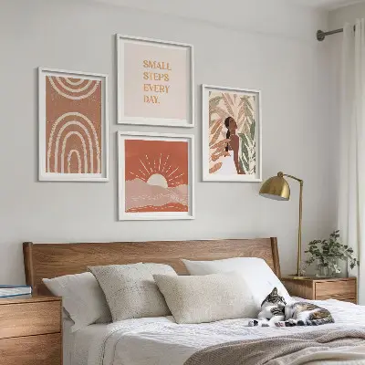 Conjunto de 4 quadros com moldura com estampas de formas abstratas estilo boho
