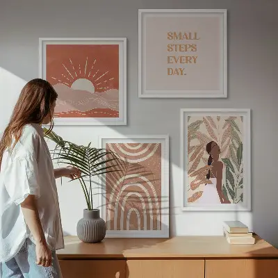 Conjunto de 4 quadros com moldura com estampas de formas abstratas estilo boho