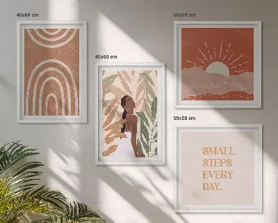 Conjunto de 4 quadros com moldura com estampas de formas abstratas estilo boho