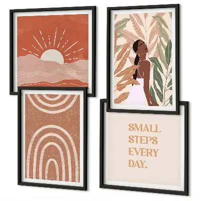 Conjunto de 4 quadros com moldura com estampas de formas abstratas estilo boho