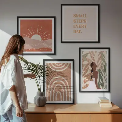 Conjunto de 4 quadros com moldura com estampas de formas abstratas estilo boho