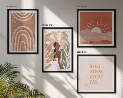 Conjunto de 4 quadros com moldura com estampas de formas abstratas estilo boho