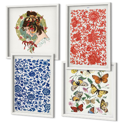 Políptico com moldura Enfeites vintage de flores e borboletas