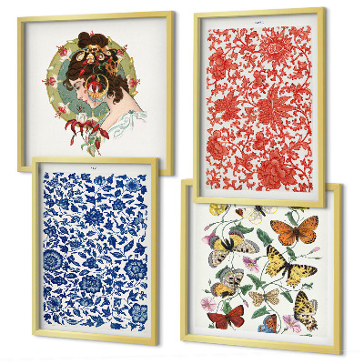 Políptico com moldura Enfeites vintage de flores e borboletas