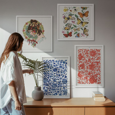 Políptico com moldura Enfeites vintage de flores e borboletas