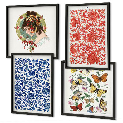 Políptico com moldura Enfeites vintage de flores e borboletas