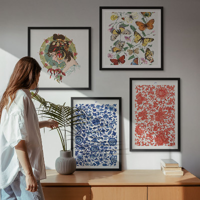 Políptico com moldura Enfeites vintage de flores e borboletas
