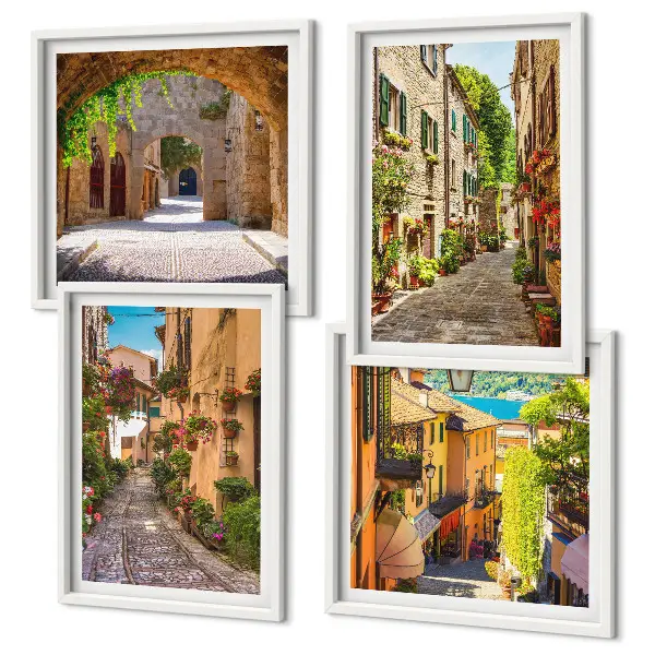 Composição de quadros ruas italianas com flores e arquitetura