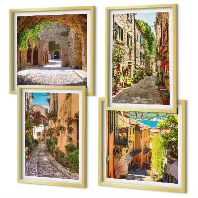 Composição de quadros ruas italianas com flores e arquitetura