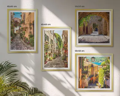 Composição de quadros ruas italianas com flores e arquitetura