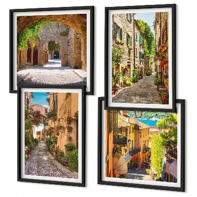 Composição de quadros ruas italianas com flores e arquitetura