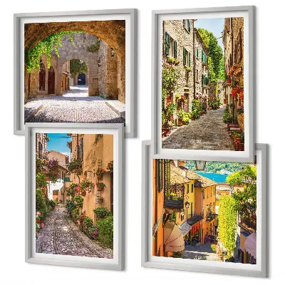 Composição de quadros ruas italianas com flores e arquitetura