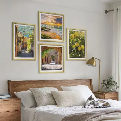 Composição de quadros ruas pitorescas à beira-mar e praia