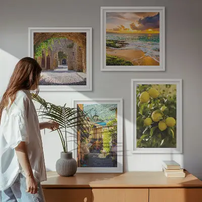 Composição de quadros ruas pitorescas à beira-mar e praia