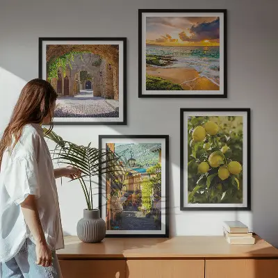 Composição de quadros ruas pitorescas à beira-mar e praia