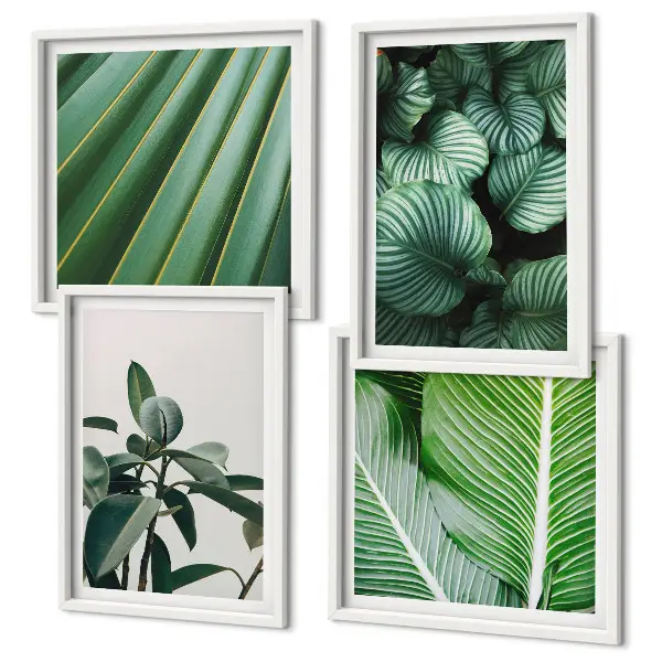 Conjunto de 4 quadros com moldura estampa de folhas tropicais em verde