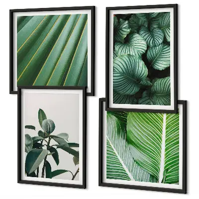 Conjunto de 4 quadros com moldura estampa de folhas tropicais em verde