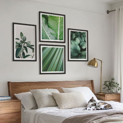 Conjunto de 4 quadros com moldura Folhas tropicais em verde