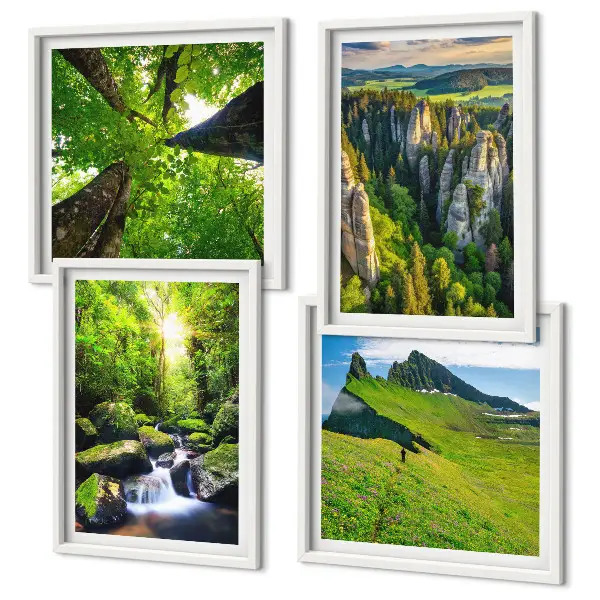 Conjunto de 4 quadros com moldura floresta de cachoeiras em montanhas verdes