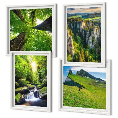 Conjunto de 4 quadros com moldura floresta de cachoeiras em montanhas verdes