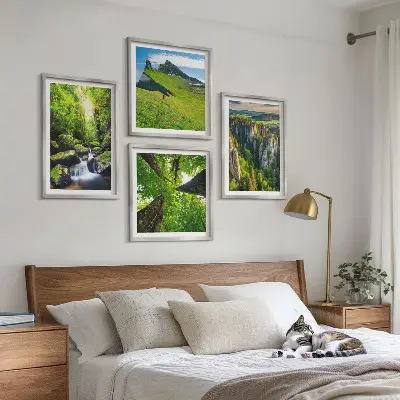 Conjunto de 4 quadros com moldura floresta de cachoeiras em montanhas verdes