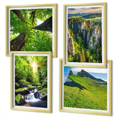 Conjunto de 4 quadros com moldura floresta de cachoeiras em montanhas verdes
