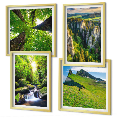 Conjunto de 4 quadros com moldura Floresta de cachoeiras nas montanhas verdes