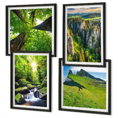 Conjunto de 4 quadros com moldura floresta de cachoeiras em montanhas verdes