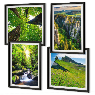 Conjunto de 4 quadros com moldura Floresta de cachoeiras nas montanhas verdes