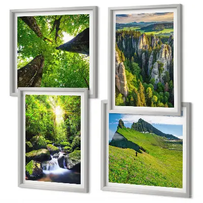Conjunto de 4 quadros com moldura floresta de cachoeiras em montanhas verdes