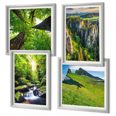 Conjunto de 4 quadros com moldura Floresta de cachoeiras nas montanhas verdes