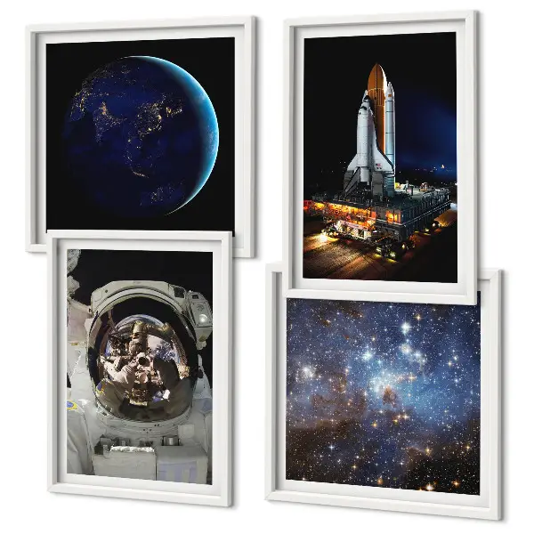 Conjunto de 4 quadros com moldura com tema de espaço terra astronauta e foguete