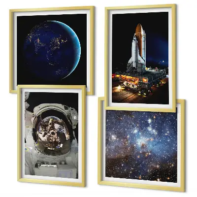 Conjunto de 4 quadros com moldura com tema de espaço terra astronauta e foguete