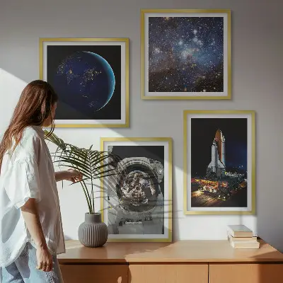 Conjunto de 4 quadros com moldura com tema de espaço terra astronauta e foguete