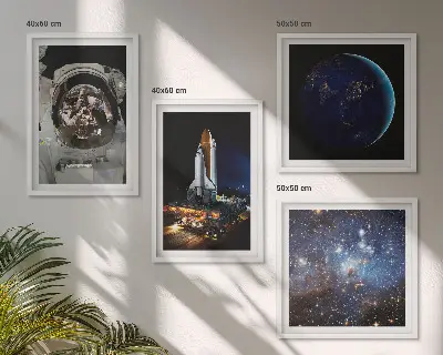Conjunto de 4 quadros com moldura com tema de espaço terra astronauta e foguete