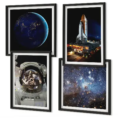 Conjunto de 4 quadros com moldura com tema de espaço terra astronauta e foguete