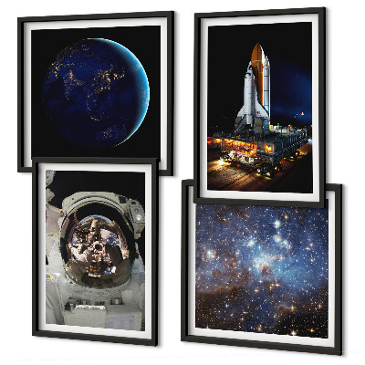 Conjunto de 4 quadros com moldura Espaço Terra astronauta foguete