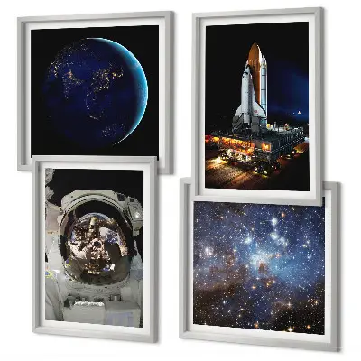 Conjunto de 4 quadros com moldura com tema de espaço terra astronauta e foguete