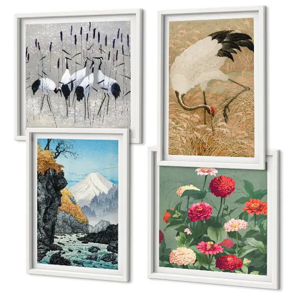 Conjunto de 4 quadros com moldura com estampas de montanhas, rio, flores e garças