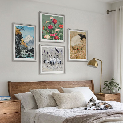 Conjunto de 4 quadros com moldura Montanhas, rio, flores, garças