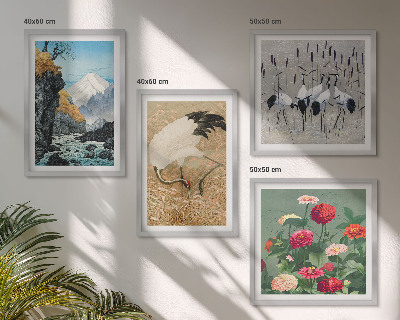 Conjunto de 4 quadros com moldura Montanhas, rio, flores, garças