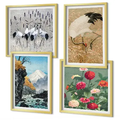 Conjunto de 4 quadros com moldura com estampas de montanhas, rio, flores e garças
